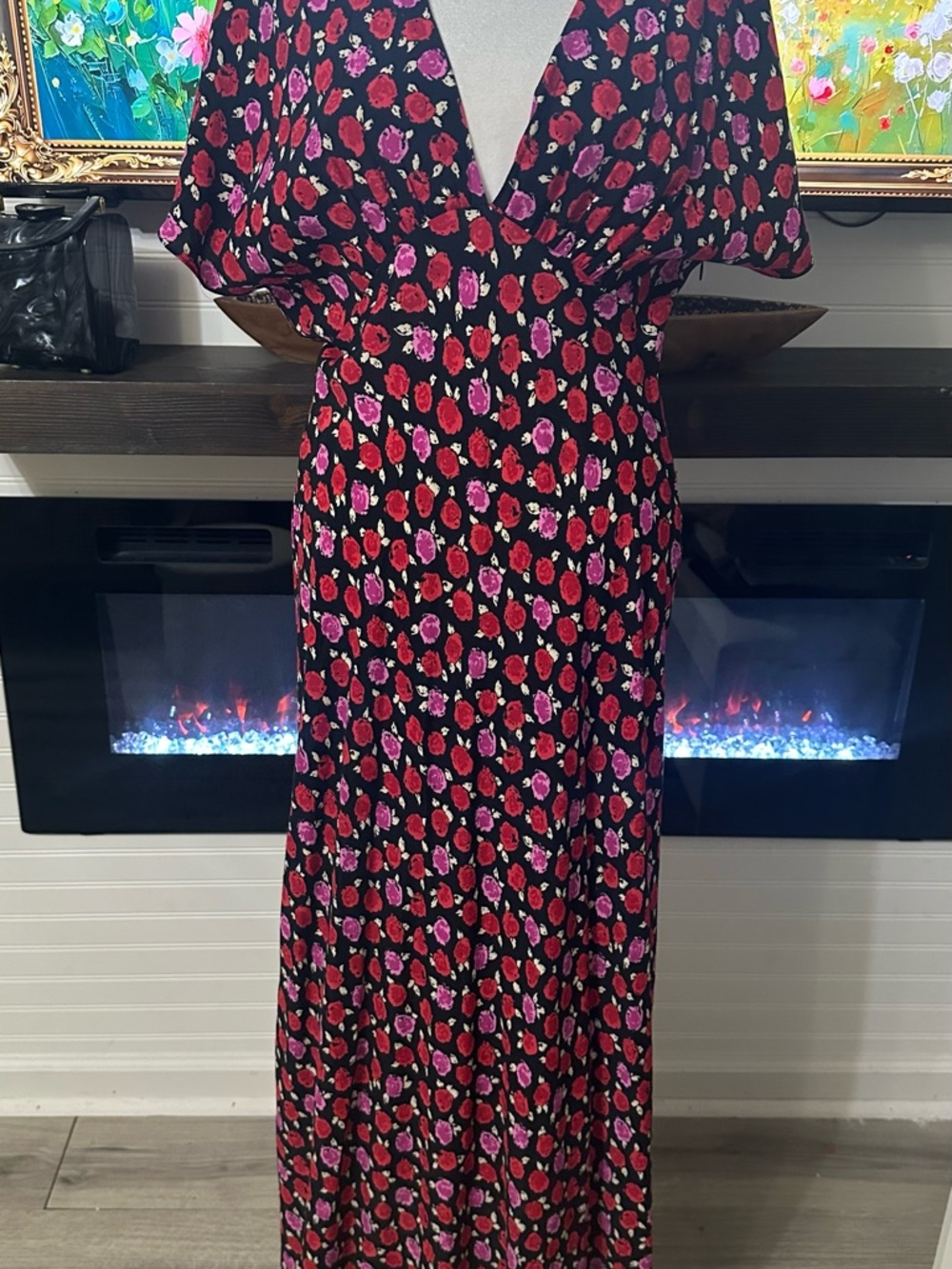 Zara Black Maxi Dress with Pink & Red Floral Print